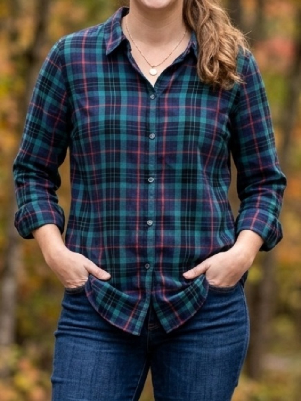 NWT Charter Club Plaid Button Front Shirt Medium 100% Cotton Blue Green Classic